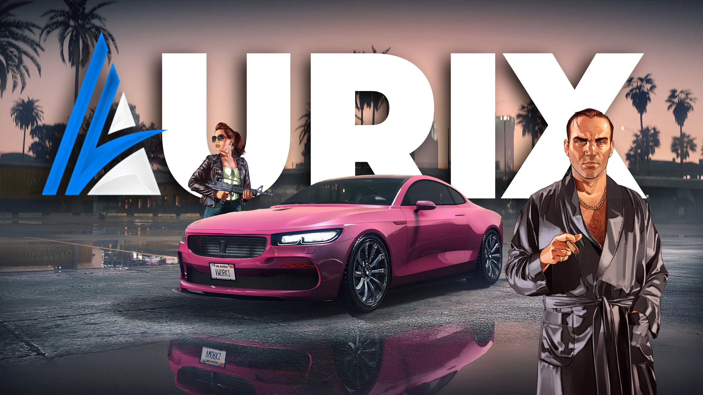 AurixRP - logo a nápis Aurix, postavy z Los Santos a auto na mokrém asfaltu